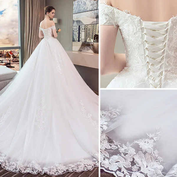 Chic / Belle Blanche Robe De Mariée 2018 Robe Boule En Dentelle Appliques De l'épaule Dos Nu Sans Manches Chapel Train Mariage
