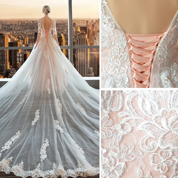 Modern / Fashion Pearl Pink Wedding Dresses 2018 A-Line / Princess Appliques Lace Scoop Neck Backless 1/2 Sleeves Cathedral Train Wedding