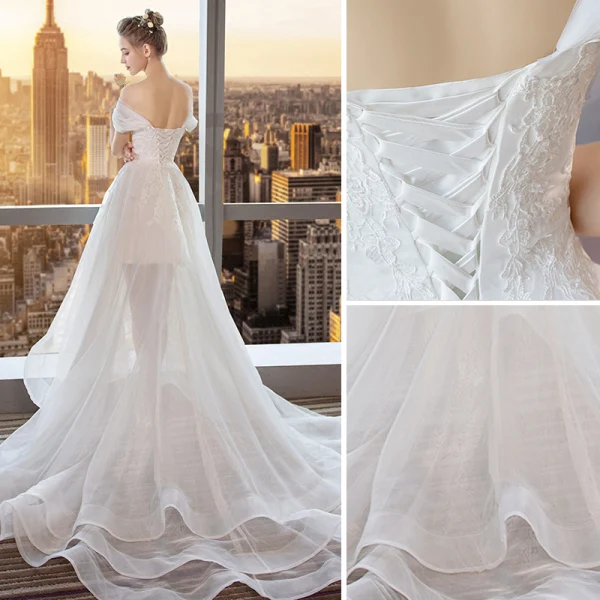 Moderne / Mode Haute Basse Blanche Robe De Mariée 2018 Princesse Appliques En Dentelle De l'épaule Dos Nu Sans Manches Tribunal Train Mariage