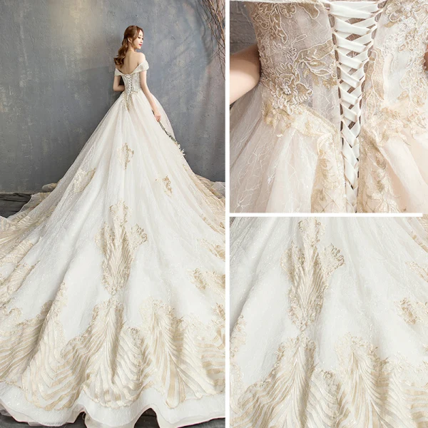 Luxury / Gorgeous Champagne Wedding Dresses 2018 A-Line / Princess Lace Beading Crystal Sequins Off-The-Shoulder Backless Sleeveless Royal Train Wedding
