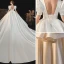Victorian Style Ivory Satin Wedding Dresses 2021 Ball Gown Deep V-Neck Bell sleeves Backless Royal Train Wedding