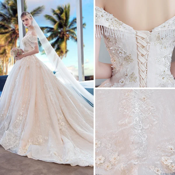 Luxury / Gorgeous Champagne Wedding Dresses 2018 Ball Gown Appliques Lace Beading Tassel Crystal Pearl Rhinestone Sequins Off-The-Shoulder Backless Sleeveless Royal Train Wedding