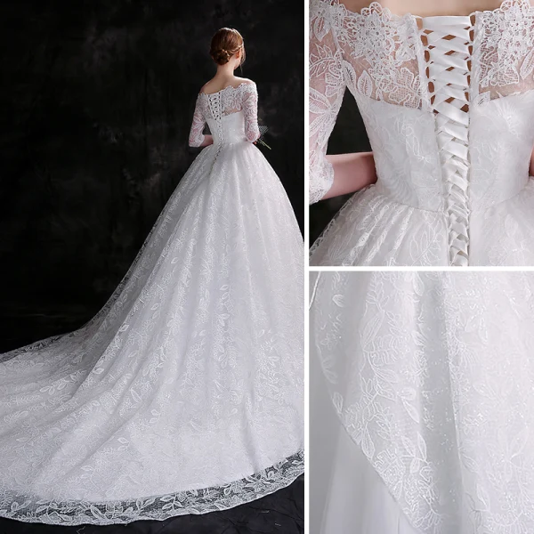 Schöne Weiß Brautkleider 2018 Ballkleid Schaltflächen Mit Spitze Pailletten Off Shoulder 3/4 Ärmel Kapelle-Schleppe Hochzeit