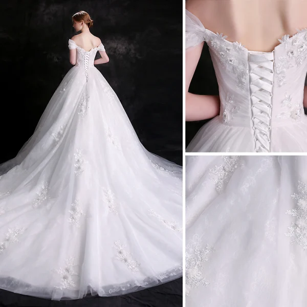 Chic / Beautiful White Wedding Dresses 2018 Ball Gown Lace Flower Rhinestone Organza Off-The-Shoulder Backless Sleeveless Cathedral Train Wedding