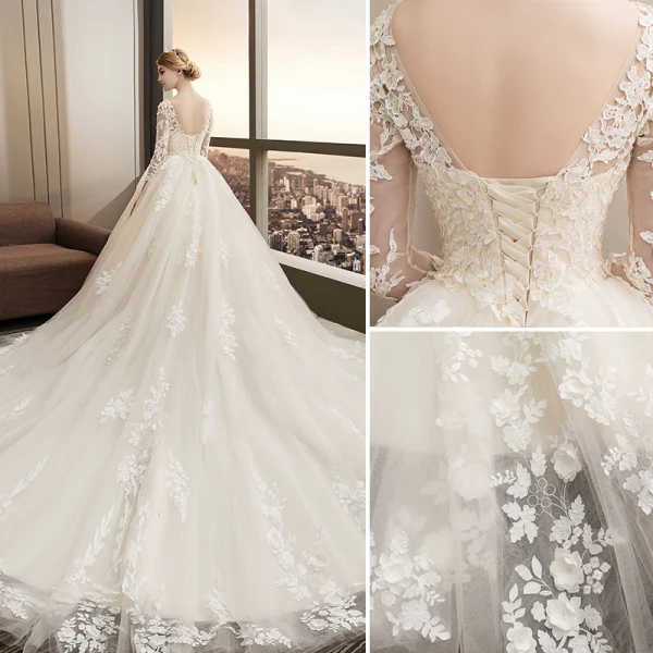 Moderne / Mode Champagne Robe De Mariée 2018 Robe Boule Appliques En Dentelle Paillettes Encolure Dégagée Dos Nu 3/4 Manches Cathedral Train Mariage