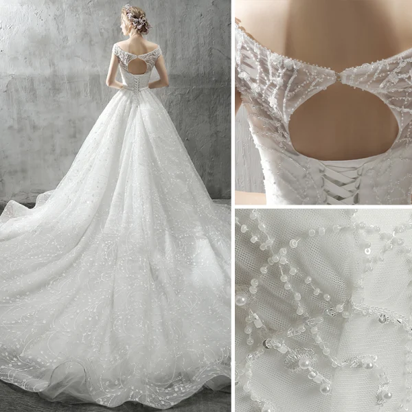 Modern / Fashion White Wedding Dresses 2018 A-Line / Princess Bow Beading Crystal Pearl Sequins Scoop Neck Backless Cap Sleeves Cathedral Train Wedding