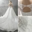 Modern / Fashion White Wedding Dresses 2018 A-Line / Princess Bow Beading Crystal Pearl Sequins Scoop Neck Backless Cap Sleeves Cathedral Train Wedding