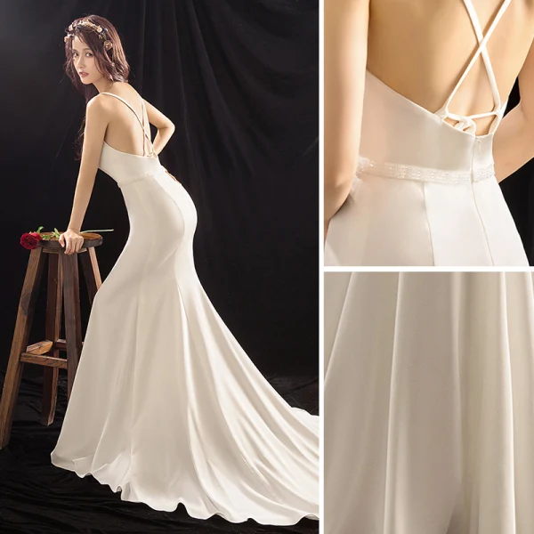 Schlicht Ivory / Creme Brautkleider 2018 Mermaid Perlenstickerei Stoffgürtel Spaghettiträger Rückenfreies Ärmellos Hof-Schleppe Hochzeit