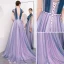 Modern / Fashion Lavender Evening Dresses  2018 A-Line / Princess Appliques Beading Crystal Bow High Neck Backless Short Sleeve Sweep Train Formal Dresses