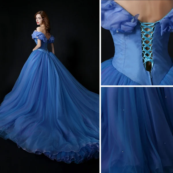 Cinderella Ocean Blue Prom Dresses 2018 Ball Gown Charmeuse Butterfly Off-The-Shoulder Backless Sleeveless Cathedral Train Formal Dresses