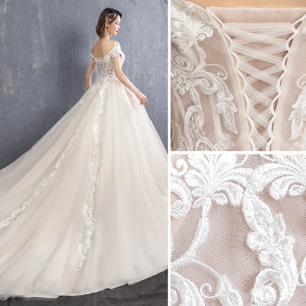 Elegant Champagne Wedding Dresses 2018 Ball Gown Appliques Lace Off-The-Shoulder Backless Sleeveless Chapel Train Wedding