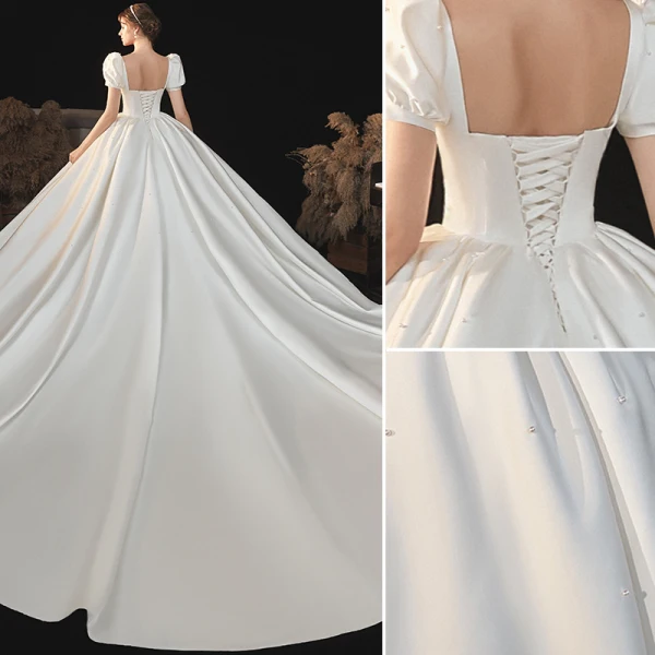 Victorian Style Ivory Satin Wedding Dresses 2021 Ball Gown Square Neckline Bell sleeves Backless Royal Train Wedding