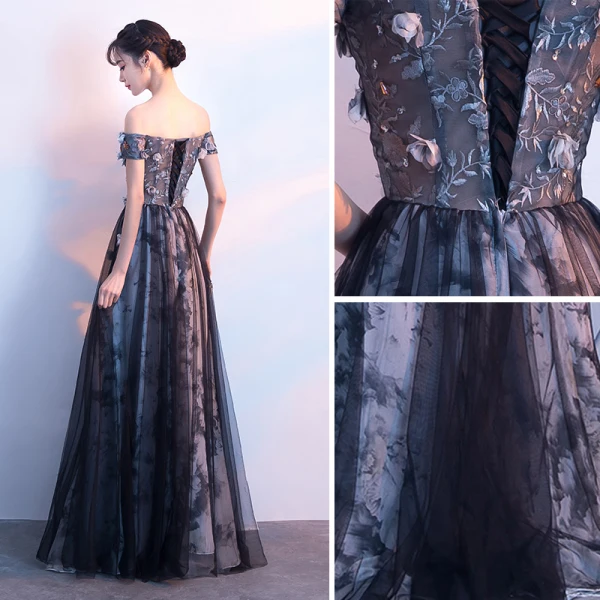 Chic / Beautiful Black Evening Dresses 2018 A-Line / Princess Appliques Lace Flower Crystal Sequins Off-The-Shoulder Sleeveless Backless Floor-Length / Long Formal Dresses