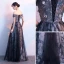 Chic / Beautiful Black Evening Dresses  2018 A-Line / Princess Appliques Lace Flower Crystal Sequins Off-The-Shoulder Sleeveless Backless Floor-Length / Long Formal Dresses