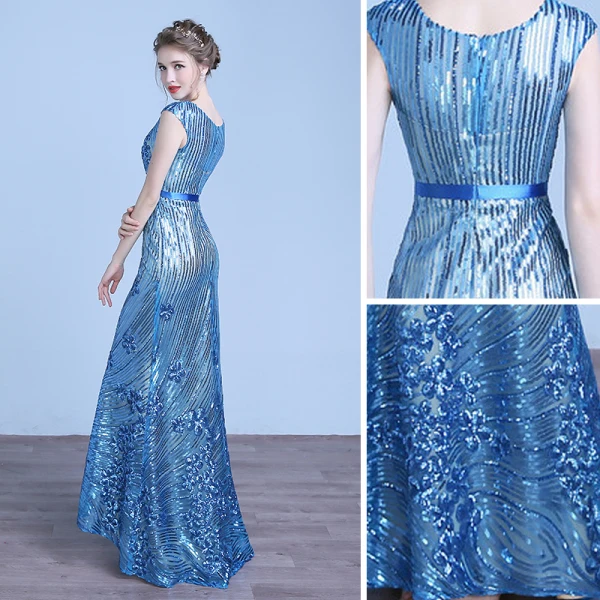 Sparkly Ocean Blue Evening Dresses 2018 Trumpet / Mermaid Lace Sequins Sash Scoop Neck Short Sleeve Floor-Length / Long Formal Dresses