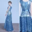 Sparkly Ocean Blue Evening Dresses  2018 Trumpet / Mermaid Lace Sequins Sash Scoop Neck Short Sleeve Floor-Length / Long Formal Dresses