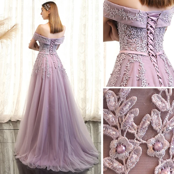 Elegant Lavender Prom Dresses 2018 A-Line / Princess Lace Flower Pearl Sash Off-The-Shoulder Short Sleeve Backless Floor-Length / Long Formal Dresses