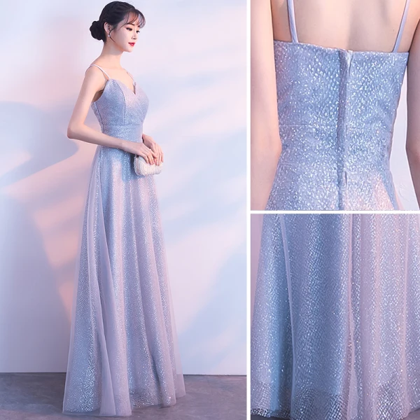 Elegant Grey Evening Dresses 2018 A-Line / Princess Glitter Tulle Spaghetti Straps Backless Sleeveless Floor-Length / Long Formal Dresses