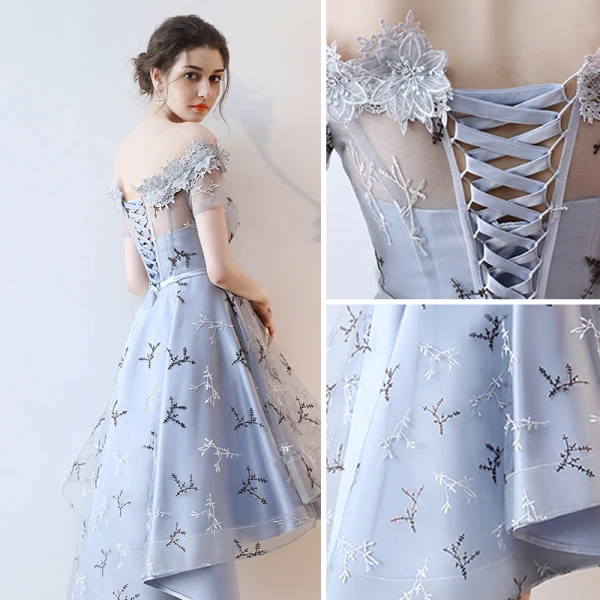 Modern / Fashion Grey Cocktail Dresses 2018 A-Line / Princess Asymmetrical Appliques Lace Bow Off-The-Shoulder Backless Short Sleeve Formal Dresses