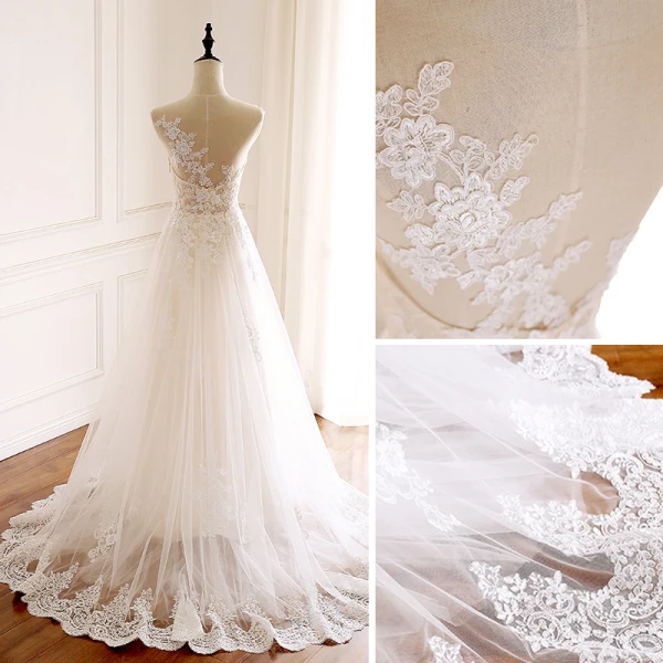 Chic / Beautiful Champagne Wedding Dresses 2018 A-Line / Princess Appliques Lace Scoop Neck Sleeveless Sweep Train Wedding