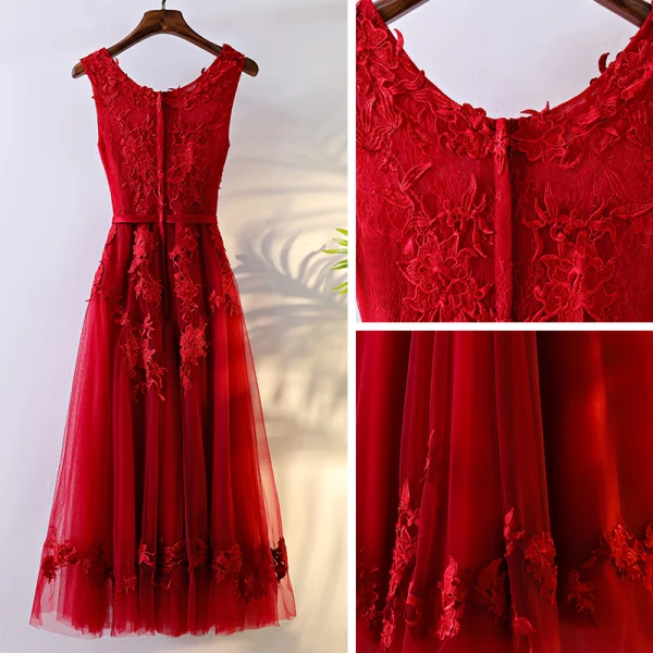 Chic / Beautiful Red Formal Dresses Evening Dresses  2017 Lace Flower Bow Artificial Flowers Zipper Up Scoop Neck Sleeveless Tea-length A-Line / Princess
