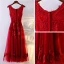 Chic / Beautiful Red Formal Dresses Evening Dresses  2017 Lace Flower Bow Artificial Flowers Zipper Up Scoop Neck Sleeveless Tea-length A-Line / Princess