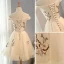 Elegant Champagne Graduation Dresses 2018 A-Line / Princess Embroidered Off-The-Shoulder Backless Short Sleeve Short Formal Dresses