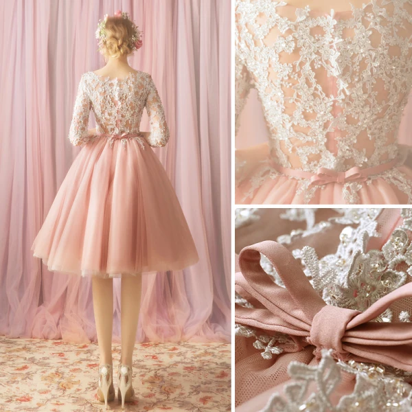 Modern / Fashion Blushing Pink Honeymoon Graduation Dresses 2018 A-Line / Princess Lace Flower Bow Beading Scoop Neck 3/4 Sleeve Knee-Length Formal Dresses