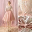 Modern / Fashion Blushing Pink Honeymoon Graduation Dresses 2018 A-Line / Princess Lace Flower Bow Beading Scoop Neck 3/4 Sleeve Knee-Length Formal Dresses