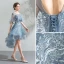 Modern / Fashion Pool Blue Cocktail Dresses 2018 A-Line / Princess Asymmetrical Lace Flower Pearl Scoop Neck Backless Short Sleeve Formal Dresses