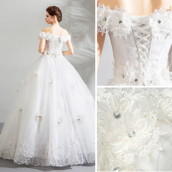 Amazing / Unique White Wedding Dresses 2018 Ball Gown Lace Appliques Rhinestone Off-The-Shoulder Backless Short Sleeve Floor-Length / Long Wedding
