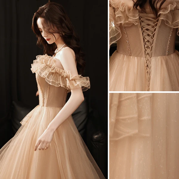 Charming Champagne Rhinestone Prom Dresses 2021 A-Line / Princess Ruffle Off-The-Shoulder Sleeveless Floor-Length / Long Prom Formal Dresses