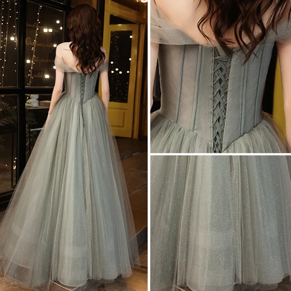 Charming Grey Glitter Prom Dresses 2021 A-Line / Princess Off-The-Shoulder Sleeveless Backless Floor-Length / Long Prom Formal Dresses