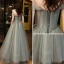 Charming Grey Glitter Prom Dresses 2021 A-Line / Princess Off-The-Shoulder Sleeveless Backless Floor-Length / Long Prom Formal Dresses