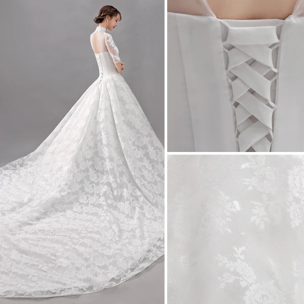 Affordable White Wedding Dresses 2018 Ball Gown Lace Flower High Neck Backless Short Sleeve Cathedral Train Wedding