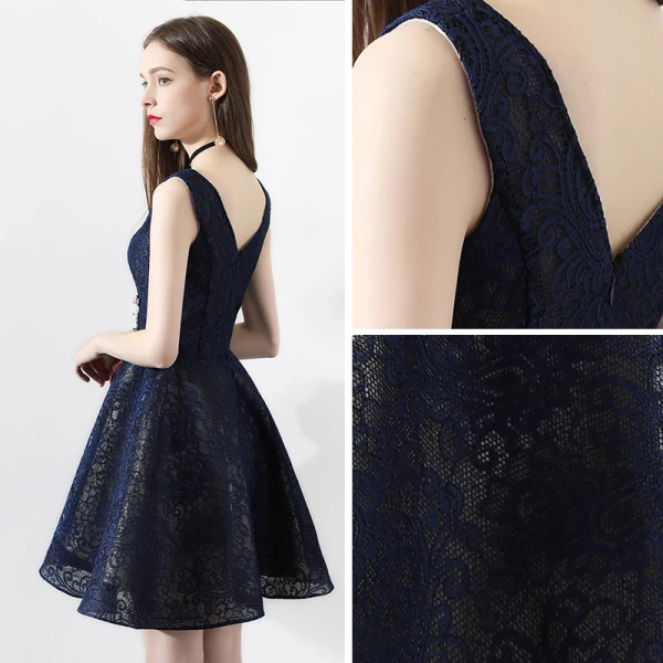 Modern / Fashion Navy Blue Party Dresses 2018 A-Line / Princess Lace V-Neck Backless Short Sleeve Short Formal Dresses