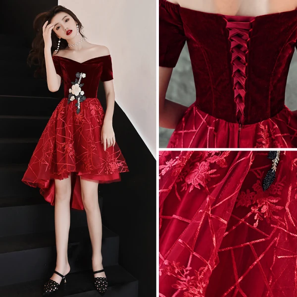 Chic / Beautiful Burgundy Cocktail Dresses 2018 A-Line / Princess Asymmetrical Suede Lace Flower Off-The-Shoulder Backless Short Sleeve Formal Dresses