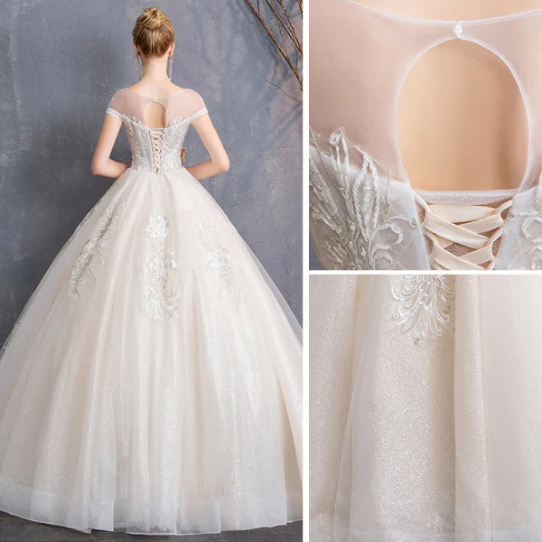Modern / Fashion Champagne Wedding Dresses 2018 Ball Gown Beading Lace Flower Scoop Neck Backless Short Sleeve Floor-Length / Long Wedding