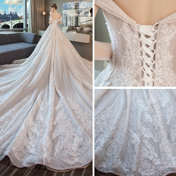 Luxury / Gorgeous Champagne Wedding Dresses 2018 Ball Gown Lace Beading Pearl Sequins Off-The-Shoulder Backless Short Sleeve Royal Train Wedding