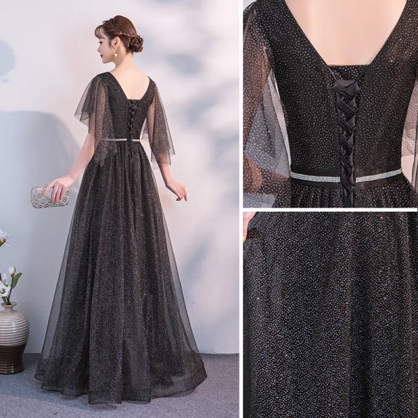 Modern / Fashion Black Evening Dresses 2018 A-Line / Princess Sash V-Neck Backless Short Sleeve Floor-Length / Long Formal Dresses
