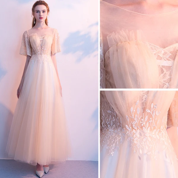 Elegant Champagne Evening Dresses 2018 A-Line / Princess Lace Flower Backless Scoop Neck Short Sleeve Ankle Length Formal Dresses