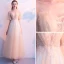 Elegant Champagne Evening Dresses  2018 A-Line / Princess Lace Flower Backless Scoop Neck Short Sleeve Ankle Length Formal Dresses