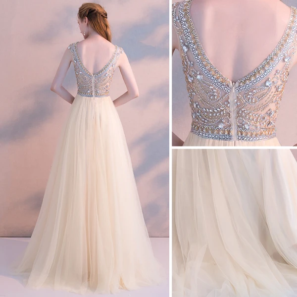 Modern / Fashion Champagne Evening Dresses 2018 A-Line / Princess Crystal Rhinestone Scoop Neck Backless Short Sleeve Floor-Length / Long Formal Dresses
