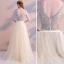Modern / Fashion Champagne Evening Dresses  2018 A-Line / Princess Crystal Rhinestone Scoop Neck Backless Short Sleeve Floor-Length / Long Formal Dresses