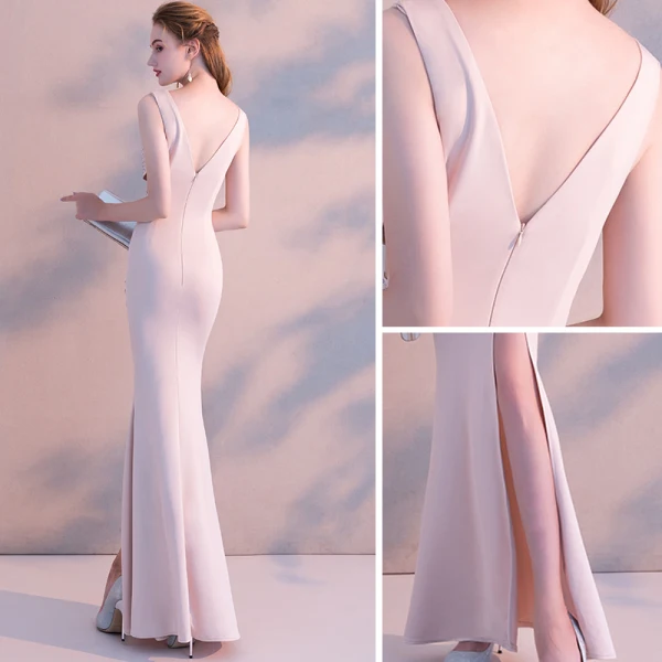 Sexy Pearl Rosa Abendkleider 2018 Meerjungfrau Perlenstickerei Strass Gespaltete Front V-Ausschnitt Rückenfreies Ärmellos Lange Festliche Kleider