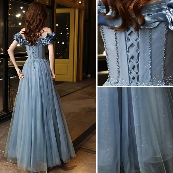 Chic / Belle Bleu Ciel Robe De Bal 2021 Princesse De l'épaule Perlage Manches Courtes Dos Nu Longue Robe De Ceremonie