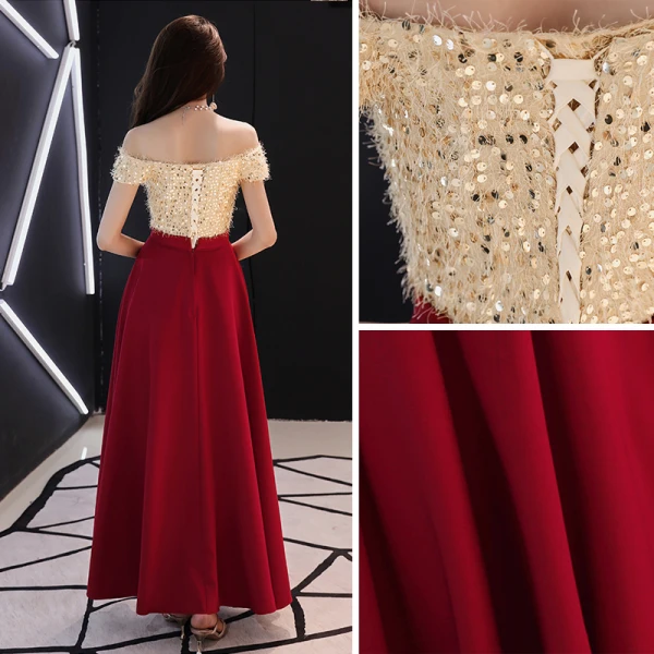 Modern / Fashion Burgundy Evening Dresses 2018 A-Line / Princess Tassel Sequins Off-The-Shoulder Backless Short Sleeve Ankle Length Formal Dresses
