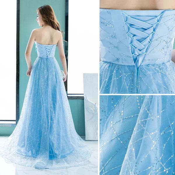Chic / Beautiful Pool Blue Evening Dresses 2018 A-Line / Princess Lace Flower Rhinestone Sequins Strapless Backless Sleeveless Floor-Length / Long Formal Dresses
