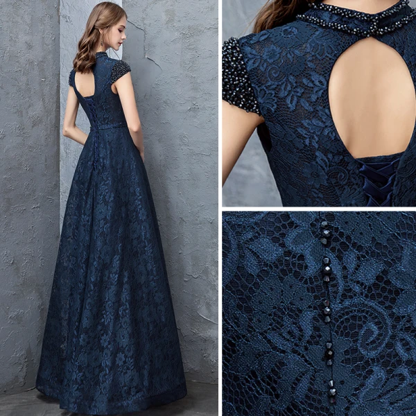 Chic / Beautiful Navy Blue Evening Dresses 2018 A-Line / Princess Lace Crystal Scoop Neck Backless Cap Sleeves Floor-Length / Long Formal Dresses
