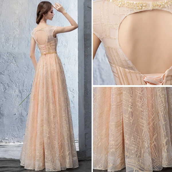 Chic / Beautiful Beige Evening Dresses  2018 A-Line / Princess Beading Backless Pearl Sequins Scoop Neck Sleeveless Floor-Length / Long Formal Dresses